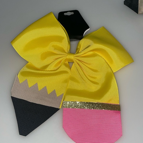 Back to School Pencil Girl Hair Bow Clip and Ponytail Set of 2 - Picture 2 of 5